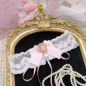 Bling Rhinestone Soft Girl White Lace Baby Pink Bow Ribbon Tie Closure choker necklace , Fairy Core cute day collar jewelry Pretty