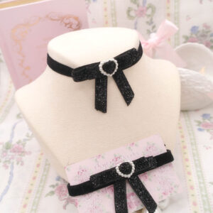 Black Velvet Choker Necklace Sparkly Glitter Bow with faux pearl heart , Classic Elegance Jewelry , Skinny Collar Choker , Gift for her