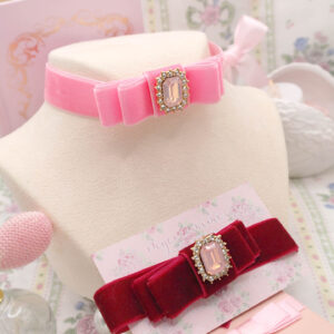 Coquette Lux Rhinestone Burgundy Red Bow / Hot Pink Velvet Bow choker necklace , classic glam princess core pretty jewelry