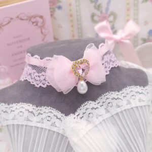 Coquette Sweet baby pink lace choker necklace , bow heart rhinestone with a faux pearl pendant, princess soft girl core jewelry day collar
