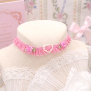 Coquette Little Flower Rose Pink Ruffles lace Pearl Heart Choker Necklace , Skinny neck jewelry pastel cute Kawaii , soft girl fairy core