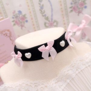 Coquette Black Velvet Pearl Heart Ribbon Baby Pink Bow Choker Necklace , Handmade cute princess soft girl jewelry