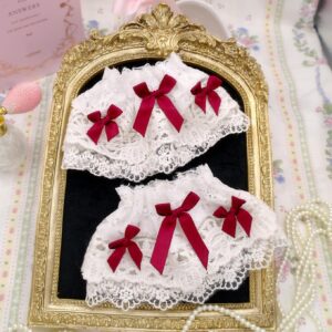 Set of 2 - Festival Red Bow White Lace Wrist Cuffs Gloves Lace Sleeves , bracelet Victorian Sweet Lolita Style , Soft girl fairy core