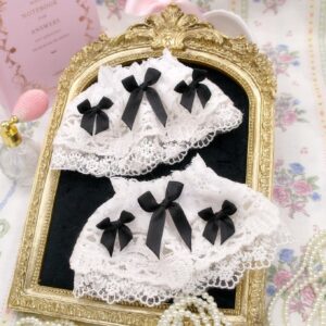 Set of 2 - Maiden Style Black Bow White Lace Wrist Cuffs Gloves Lace Sleeves , bracelet Victorian Sweet Lolita Style , Regency Cute Goth