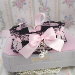 Baby Pink Bow Black Lace Kitten Pet Play Collar Choker Necklace, with a little bell and heart , pastel goth alternative girl jewelry