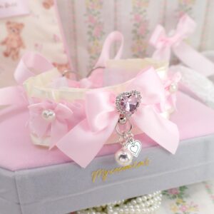 Rhinestone Heart Light yellow and baby pink ruffles Kitten Pet Play Collar choker necklace, bell little heart pearl bow ,Pastel Kawaii Core