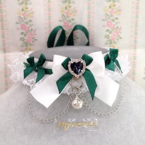 Royal Green Bow White Lace Ruffles Kitten Pet Play Collar Choker Necklace , Luxury Heart Rhinestone with chain bell , Winter Fairy Core