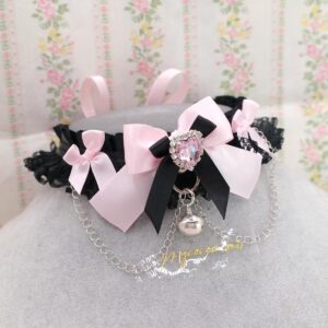 Luxury Heart Rhinestone Baby Pink Bow black lace ruffles choker necklace kitten play collar , with chain and bell , kawaii core accessories