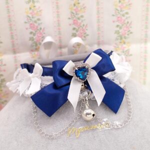 Glam Heart Rhinestone Navy Blue satin white lace ruffles kitten play collar choker necklace , bow bell with chain, alternative accessories