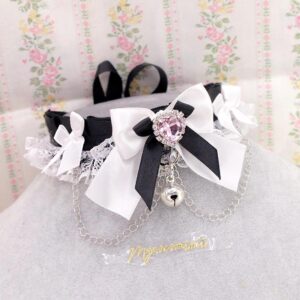 Glam Heart Rhinestone Black and White lace Bow Choker Necklace Kitten Play Collar ,with bell chain , soft Goth Alternative Accessories