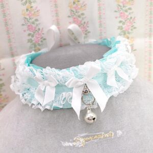 Mint Green White Lace ruffles Kitten Play Collar Choker Necklace , Bow with a bell , pastel alternative accessories