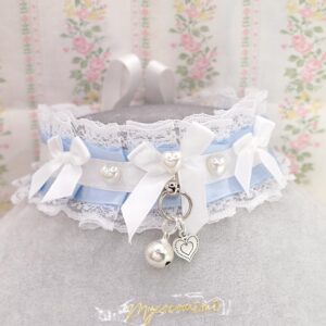 Romantic heart Faux Pearl Light Blue White Lace choker necklace kitten play collar , bow heart pendant , DDLG cute alternative accessories