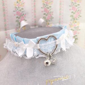 Heart Baby Blue White Lace Ruffles Kitten Play Collar Choker Necklace Pearl Bow with a bell , Alternative Jewelry pastel DDLG Kawaii