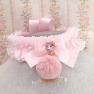 Faux Fur Ball Pom Pom Baby Pink Kitten play collar choker necklace, white lace ruffles pearl heart bow , cute accessories Princess Core