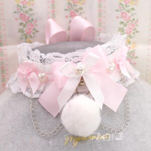 Fluffy Faux Fur Ball Pom Pom white lace kitten play collar choker necklace, , baby pink bow pearl heart , kawaii ddlg soft girl core