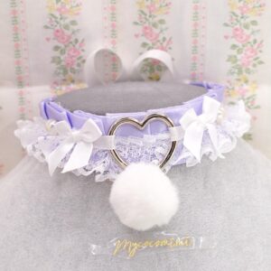 Heart Lilac Purple White Lace Kitten Play Collar Choker Necklace , white bow faux pearl , Cute alternative Jewelry pastel DDLG soft girl