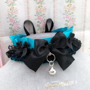 Teal Green Black Lace Kitten Play Gear Collar Choker Necklace , with bow and bell , Soft Goth Alternative Accsssories