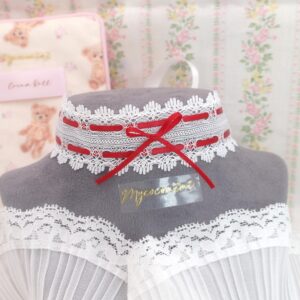 Red Bow white lace choker necklace, tie closure , simple versatile festive day collar jewelry