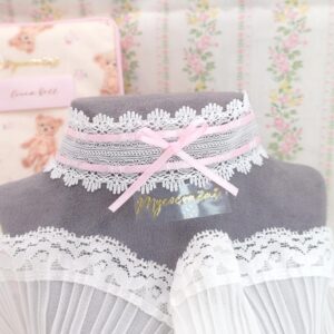 Soft Girl Core Baby Pink Bow white lace choker necklace, tie closure , simple versatile day collar jewelry