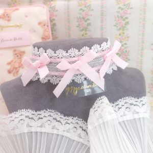 Coquette Baby Pink Bow white lace choker necklace, tie closure , simple Sweetheart Soft Girl Core day collar jewelry