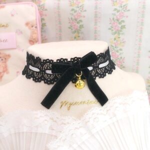 Gorgeous Black Lace Velvet Bow choker necklace , with a little golden bell , cute day collar jewelry