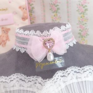 Coquette Rhinestone Heart Baby Pink Bow white lace choker necklace, Faux Pearl Pendant tie closure , Soft Girl princess core collar jewelry