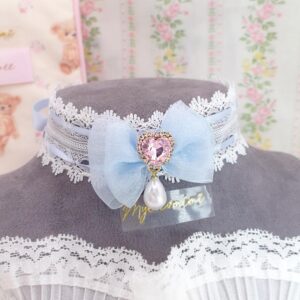 Coquette Rhinestone Heart Baby Blue Bow white lace choker necklace, Faux Pearl Pendant tie closure , Fairy princess core collar jewelry