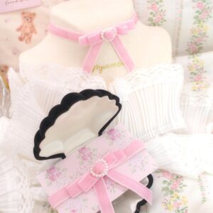 Coquette baby pink velvet little bow choker necklace , faux pearl heart , soft girl core pastel day Skinny collar jewelry