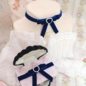 Coquette navy blue velvet little bow choker necklace , faux pearl heart , soft girl core pastel day Skinny collar jewelry