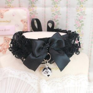 All Black Lace Ruffles kitten play collar choker black , bow with a bell , goth alternative style fashion accessories