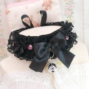Black Lace Ruffles Pink Rhinestone Bling kitten play collar choker black , bows with a bell , goth alternative style fashion accessories