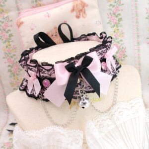 Bling Rhinestone Baby Pink Bow black lace choker necklace, kitten play collar chain bell , alternative Cute Goth style jewelry