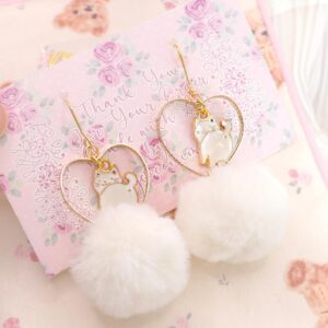 Super cute little booty kitty cat gold heart white faux fur ball earrings ( Dangle Earrings/Clip On No Pierce ) DDLG Fairy Kei Jewelry