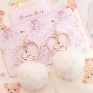 Super cute little hopping rabbit bunny gold heart white faux fur ball earrings ( Dangle Earrings/Clip On No Pierce ) DDLG Fairy Kei Jewelry