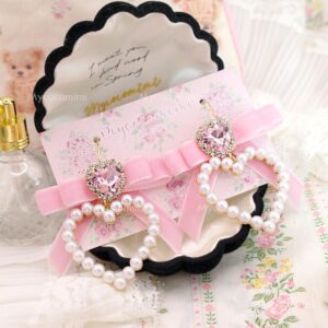 Coquette Heart Rhinestone baby pink velvet Bow pearl heart Earrings (Dangle / Clip On no pierce) , Romantic Angelic Jewelry Cute Accessories
