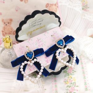Glam Heart Rhinestone navy blue velvet Bow pearl heart Earrings (Dangle / Clip On no pierce) , princess core Jewelry Accessories