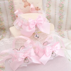 Collar and Cuffs Set , Baby Pink Bow White Lace Kitten Pet Play Gear, Costume Choker Necklace With Bell , pastel DDLG Cute