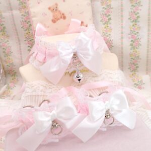 Collar and Cuffs Set , Baby Pink White Lace Kitten Pet Play Gear, Costume Choker Necklace Bow With Bell , pastel DDLG Cute