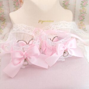 Wrist Cuffs 2 pcs Set, Baby Pink Bow White Lace Kitten Pet Play Gear Bracelet or ankle cuffs , Kawaii DDLG Accessories