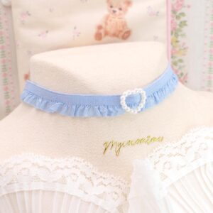 Light Blue Ruffles Lace Pearl Heart Skinny Choker Necklace, Fairy Core jewelry day collar Rococo Romantic