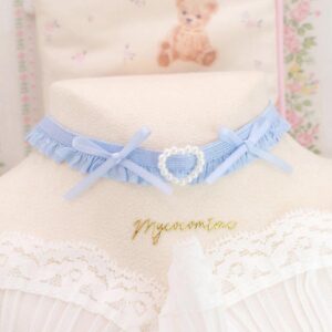 Coquette Light Blue Ruffles Lace Pearl Heart Tiny Bow Skinny Choker Necklace, Fairy Core jewelry day collar Rococo Romantic
