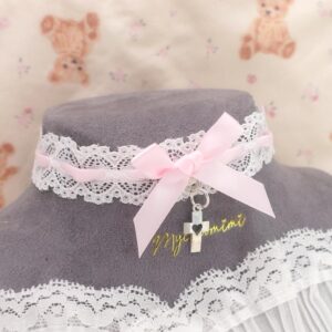 Heart Cross pendant Kawaii white lace baby pink bow choker necklace , cute pastel day collar jewelry soft girl