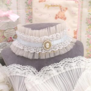 Coquette Lady Head Cameo Beige Tulle White Lace Ruffles Baby Blue Bow choker necklace collar , satin tie , Rococo Fairy core neck ruff