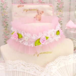 Coquette Flower Rose Baby Pink Tulle White Lace Ruffles Pearl heart choker necklace collar , satin tie , Fairy core neck ruff