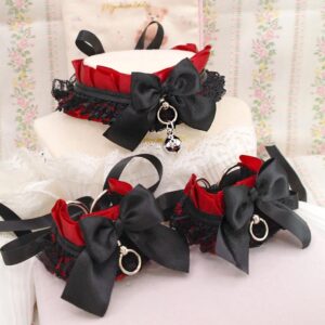 Collar and Wrist Cuffs Set , Red Black Lace Ruffles Bow Bell Kitten Pet Play Gear Choker , Cute Alternative accessoreis