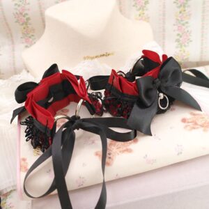 Set of 2 Cuffs , Bracelet Wrist or Ankle Cuffs , Burgundy Red Black Lace Ruffles bow Kitten Pet Play Gear ,goth alternative accessories