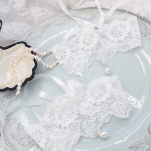 1 pc - Victorian Wide 6cm White Lace Choker Necklace Faux Pearl Pendant , Satin tie bow closure, Wedding Bridal Lace Collar ,fairy core jewelry