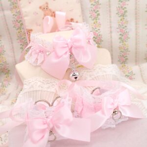 Collar and Cuffs Set , Baby Pink Bow White Lace Pearl Heart Kitten Pet Play Gear, Costume Choker Necklace With Bell , pastel DDLG Cute