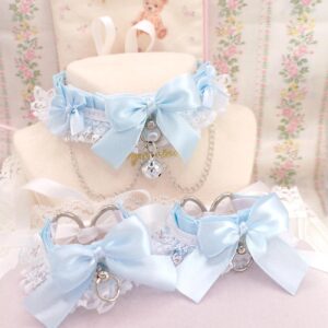 Collar and Wrist Cuffs Set ,Baby Blue Bow White Lace Ruffles Kitten Pet Play Gear Chain Choker , Cute Alternative accessoreis