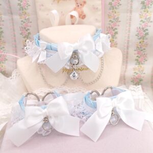 Collar and Wrist Cuffs Set ,Baby Blue White Lace Ruffles Kitten Pet Play Gear, Bow Bell Chain Choker , Cute Alternative accessoreis